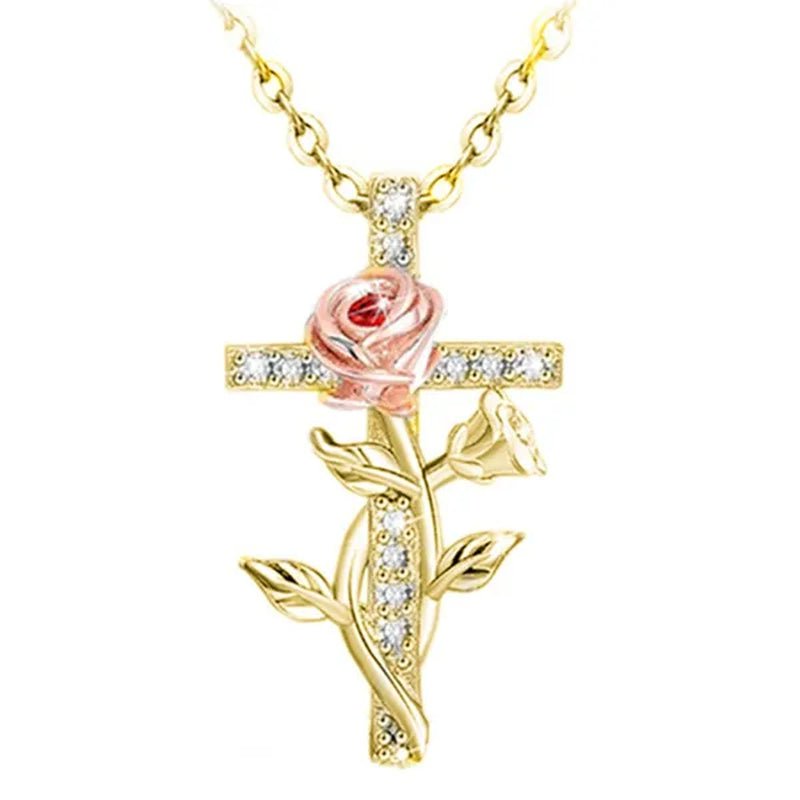Elegant Fashion Creative Cross Rose Necklace Natural Crystal Cross Diamond Necklace Religious Cross Flower Pendant Women's Necklace Wedding Pendant Birthday Party Anniversary Gift - WORLD TIME VISITS