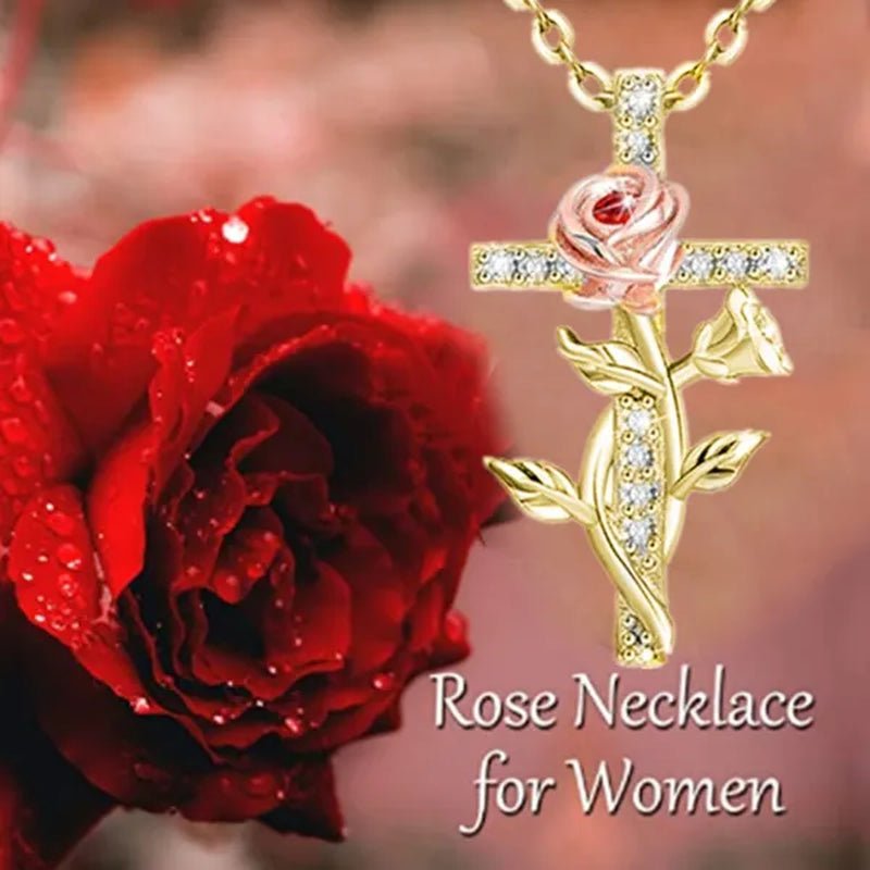 Elegant Fashion Creative Cross Rose Necklace Natural Crystal Cross Diamond Necklace Religious Cross Flower Pendant Women's Necklace Wedding Pendant Birthday Party Anniversary Gift - WORLD TIME VISITS
