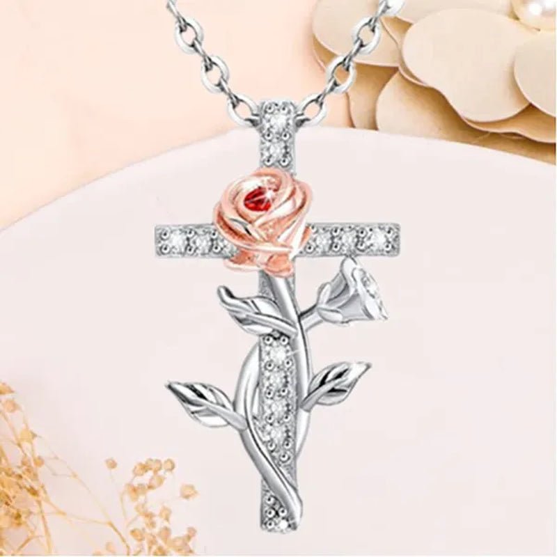 Elegant Fashion Creative Cross Rose Necklace Natural Crystal Cross Diamond Necklace Religious Cross Flower Pendant Women's Necklace Wedding Pendant Birthday Party Anniversary Gift - WORLD TIME VISITS