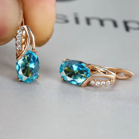 Exquisite 18K Gold Filled Oval Cut Aquamarine Clip On Earrings Woman Huggie Stud Christmas Birthday Gift Diamond Jewelry Bridal Lady Earrings - WORLD TIME VISITS