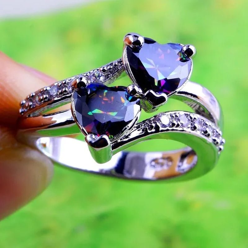 Exquisite 925 Sterling Silver Double Love Heart Rings Natural Sapphire Gemstones Crystal Diamond Wedding Engagement Ring Jewelry Accessories - WORLD TIME VISITS