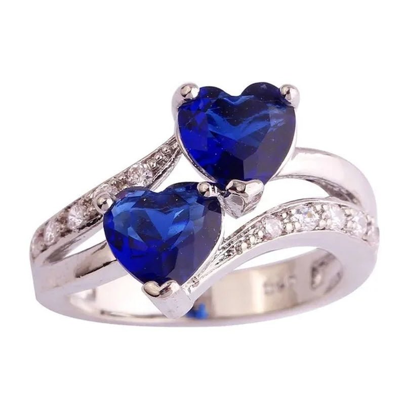 Exquisite 925 Sterling Silver Double Love Heart Rings Natural Sapphire Gemstones Crystal Diamond Wedding Engagement Ring Jewelry Accessories - WORLD TIME VISITS