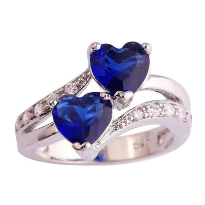 Exquisite 925 Sterling Silver Double Love Heart Rings Natural Sapphire Gemstones Crystal Diamond Wedding Engagement Ring Jewelry Accessories - WORLD TIME VISITS