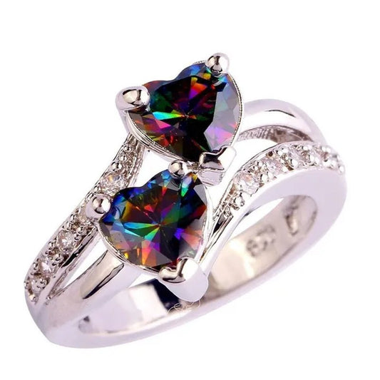 Exquisite 925 Sterling Silver Double Love Heart Rings Natural Sapphire Gemstones Crystal Diamond Wedding Engagement Ring Jewelry Accessories - WORLD TIME VISITS