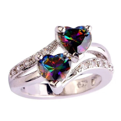 Exquisite 925 Sterling Silver Double Love Heart Rings Natural Sapphire Gemstones Crystal Diamond Wedding Engagement Ring Jewelry Accessories - WORLD TIME VISITS