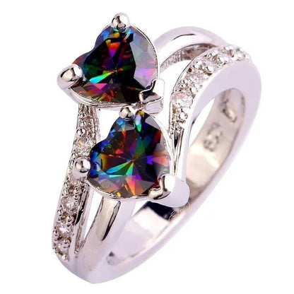 Exquisite 925 Sterling Silver Double Love Heart Rings Natural Sapphire Gemstones Crystal Diamond Wedding Engagement Ring Jewelry Accessories - WORLD TIME VISITS