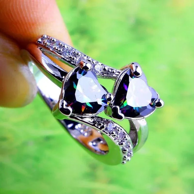 Exquisite 925 Sterling Silver Double Love Heart Rings Natural Sapphire Gemstones Crystal Diamond Wedding Engagement Ring Jewelry Accessories - WORLD TIME VISITS