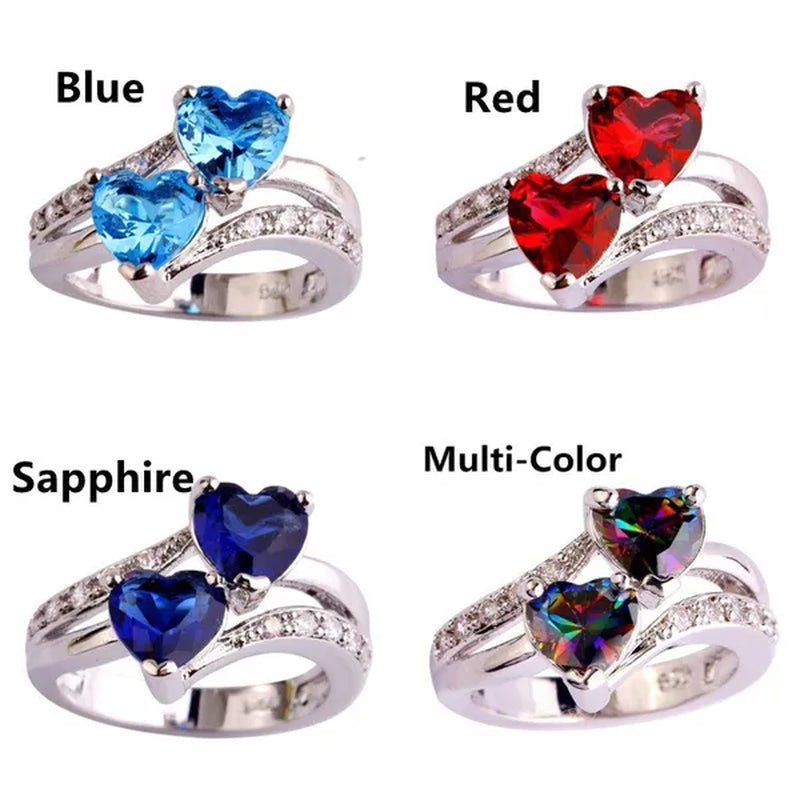 Exquisite 925 Sterling Silver Double Love Heart Rings Natural Sapphire Gemstones Crystal Diamond Wedding Engagement Ring Jewelry Accessories - WORLD TIME VISITS