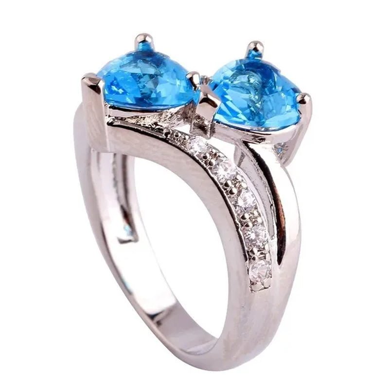 Exquisite 925 Sterling Silver Double Love Heart Rings Natural Sapphire Gemstones Crystal Diamond Wedding Engagement Ring Jewelry Accessories - WORLD TIME VISITS