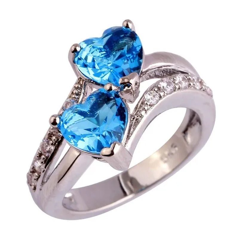 Exquisite 925 Sterling Silver Double Love Heart Rings Natural Sapphire Gemstones Crystal Diamond Wedding Engagement Ring Jewelry Accessories - WORLD TIME VISITS