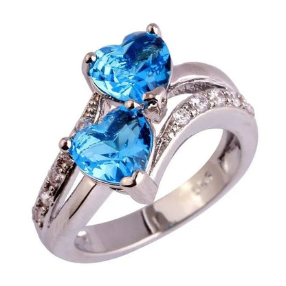 Exquisite 925 Sterling Silver Double Love Heart Rings Natural Sapphire Gemstones Crystal Diamond Wedding Engagement Ring Jewelry Accessories - WORLD TIME VISITS