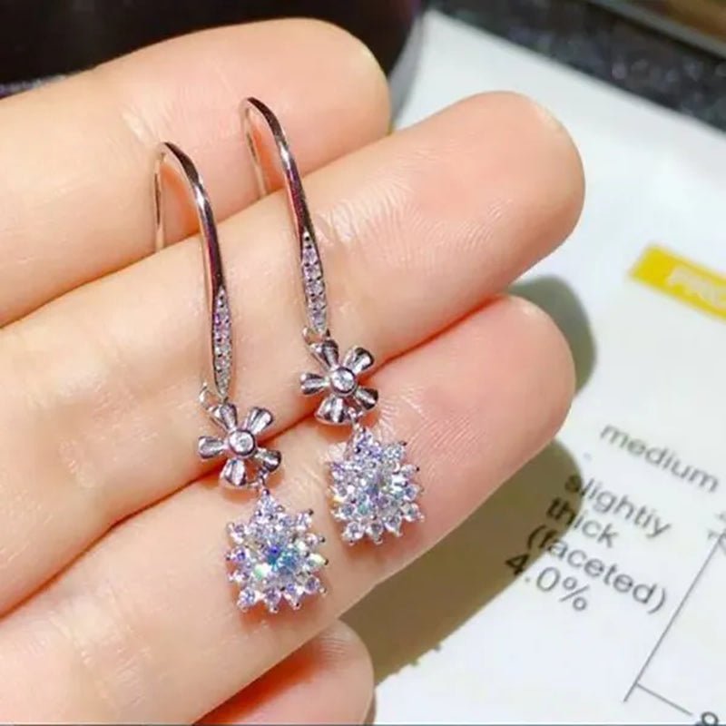 Exquisite Snowflake Shaped Brilliance Lab Diamond Drop Earrings Silver Plated Hook Earrings for Women Wedding Bridal Banquet Party Fashion Christmas Gift - WORLD TIME VISITS