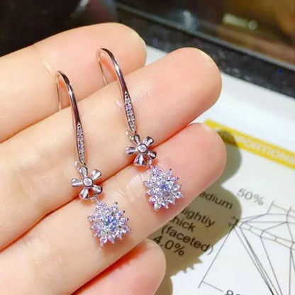 Exquisite Snowflake Shaped Brilliance Lab Diamond Drop Earrings Silver Plated Hook Earrings for Women Wedding Bridal Banquet Party Fashion Christmas Gift - WORLD TIME VISITS