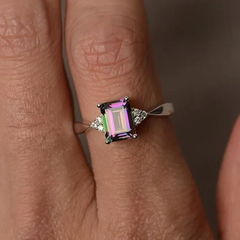 Exquisite Women's 925 Sterling Silver Ring Princess Cut Mystic Rainbow Topaz Engagement Diamond Jewelry Christmas Birthday Proposal Gift Halloween Party Wedding Band Rings Size 6 - 10 - WORLD TIME VISITS