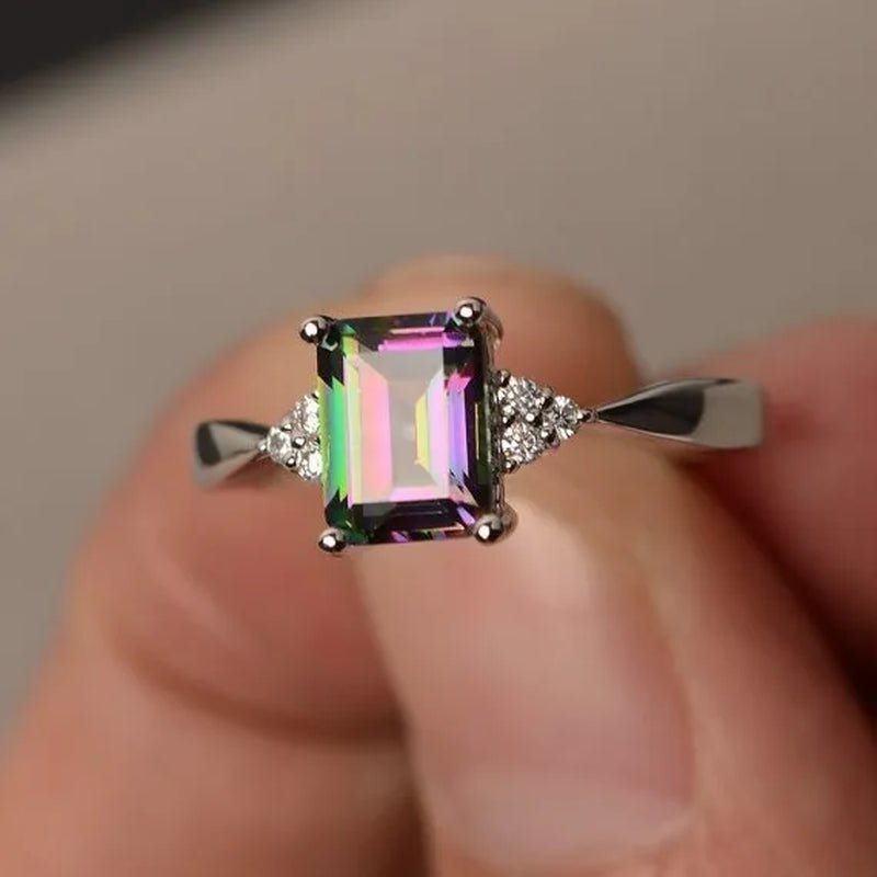 Exquisite Women's 925 Sterling Silver Ring Princess Cut Mystic Rainbow Topaz Engagement Diamond Jewelry Christmas Birthday Proposal Gift Halloween Party Wedding Band Rings Size 6 - 10 - WORLD TIME VISITS