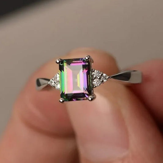 Exquisite Women's 925 Sterling Silver Ring Princess Cut Mystic Rainbow Topaz Engagement Diamond Jewelry Christmas Birthday Proposal Gift Halloween Party Wedding Band Rings Size 6 - 10 - WORLD TIME VISITS