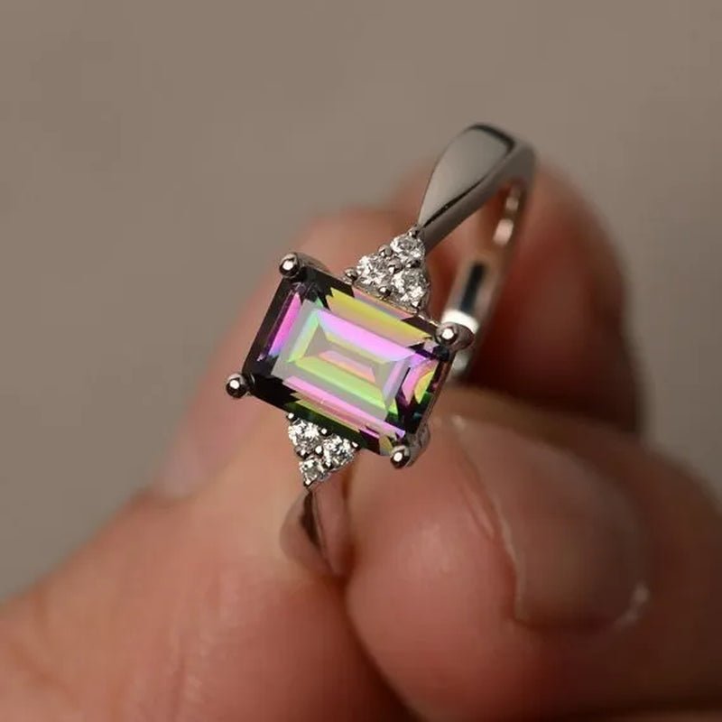 Exquisite Women's 925 Sterling Silver Ring Princess Cut Mystic Rainbow Topaz Engagement Diamond Jewelry Christmas Birthday Proposal Gift Halloween Party Wedding Band Rings Size 6 - 10 - WORLD TIME VISITS