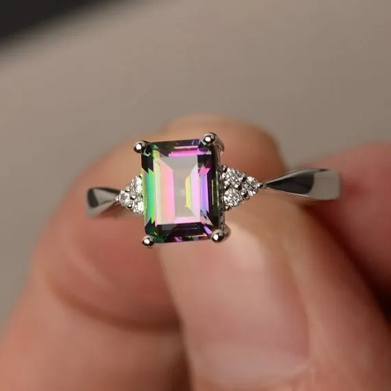 Exquisite Women's 925 Sterling Silver Ring Princess Cut Mystic Rainbow Topaz Engagement Diamond Jewelry Christmas Birthday Proposal Gift Halloween Party Wedding Band Rings Size 6 - 10 - WORLD TIME VISITS
