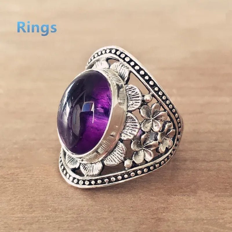 Exquisite Women's Vintage Rings, Ancient Silver Inlaid Purple Moonstone Opal Onyx Stone Beautifully Carved Flower Pattern Women's Fashion Jewelry, Party Banquet Business Casual Jewelry, Memorial Day Gift European and American Hot Selling - WORLD TIME VISITS