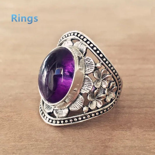 Exquisite Women's Vintage Rings, Ancient Silver Inlaid Purple Moonstone Opal Onyx Stone Beautifully Carved Flower Pattern Women's Fashion Jewelry, Party Banquet Business Casual Jewelry, Memorial Day Gift European and American Hot Selling - WORLD TIME VISITS