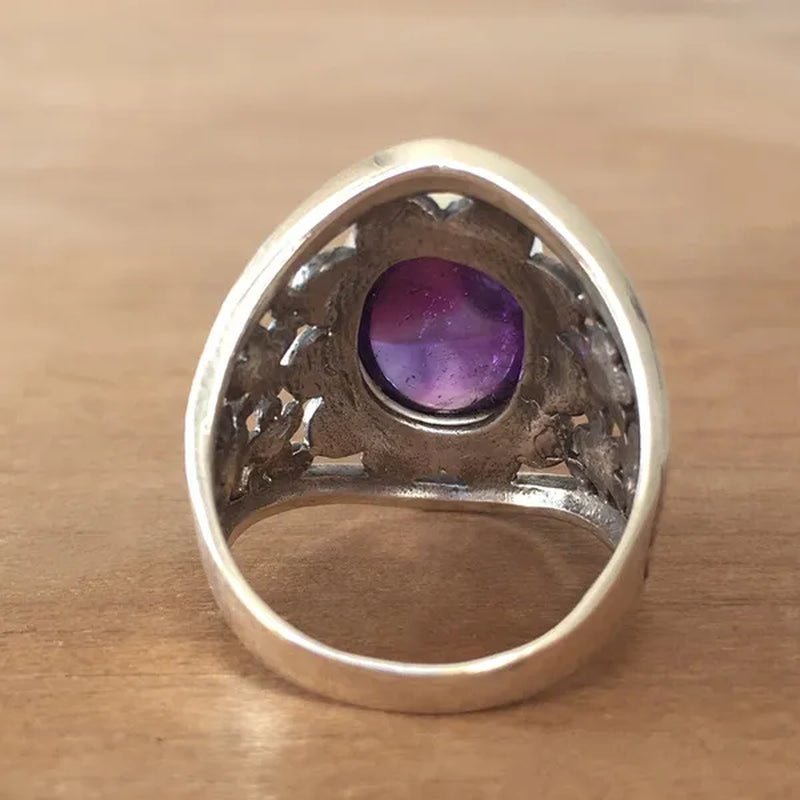 Exquisite Women's Vintage Rings, Ancient Silver Inlaid Purple Moonstone Opal Onyx Stone Beautifully Carved Flower Pattern Women's Fashion Jewelry, Party Banquet Business Casual Jewelry, Memorial Day Gift European and American Hot Selling - WORLD TIME VISITS