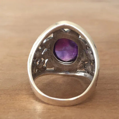 Exquisite Women's Vintage Rings, Ancient Silver Inlaid Purple Moonstone Opal Onyx Stone Beautifully Carved Flower Pattern Women's Fashion Jewelry, Party Banquet Business Casual Jewelry, Memorial Day Gift European and American Hot Selling - WORLD TIME VISITS