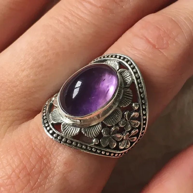 Exquisite Women's Vintage Rings, Ancient Silver Inlaid Purple Moonstone Opal Onyx Stone Beautifully Carved Flower Pattern Women's Fashion Jewelry, Party Banquet Business Casual Jewelry, Memorial Day Gift European and American Hot Selling - WORLD TIME VISITS