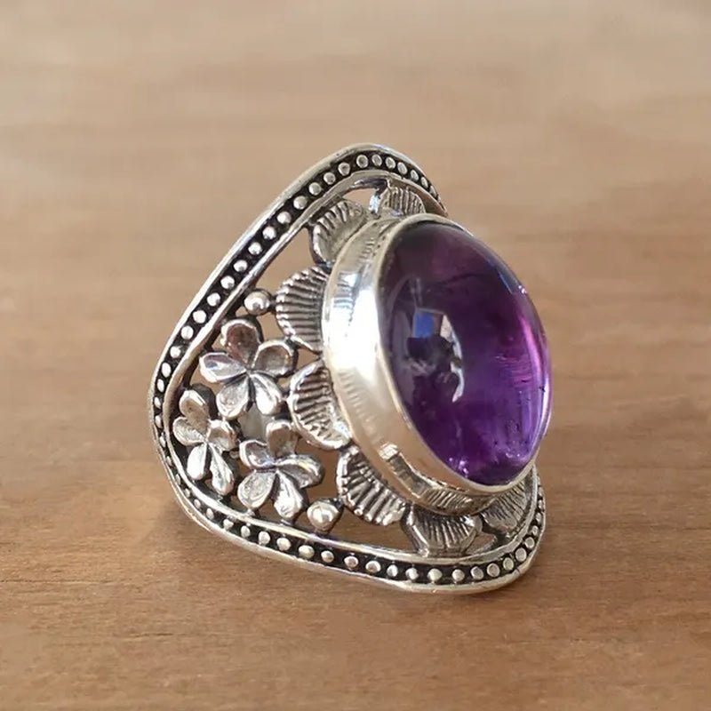 Exquisite Women's Vintage Rings, Ancient Silver Inlaid Purple Moonstone Opal Onyx Stone Beautifully Carved Flower Pattern Women's Fashion Jewelry, Party Banquet Business Casual Jewelry, Memorial Day Gift European and American Hot Selling - WORLD TIME VISITS