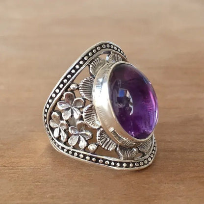 Exquisite Women's Vintage Rings, Ancient Silver Inlaid Purple Moonstone Opal Onyx Stone Beautifully Carved Flower Pattern Women's Fashion Jewelry, Party Banquet Business Casual Jewelry, Memorial Day Gift European and American Hot Selling - WORLD TIME VISITS
