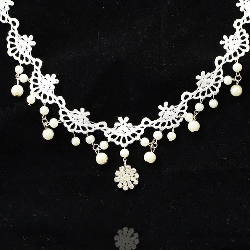 White Lace Necklace Chokers Black Collares Vintage Style Female Gothic Wedding Red Rose Crystal Diamond Pendant Collarbone Necklaces Chain Accessories for Women Girls - WORLD TIME VISITS