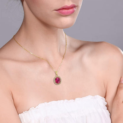 18K Yellow Gold Plated Silver Red Created Ruby Pendant Necklace for Women (4.40 Cttw, Oval 11X9MM, with 18 Inch Chain)