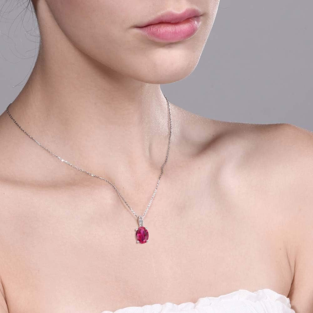 10K White Gold Red Created Ruby and White Diamond Pendant Necklace for Women (2.00 Cttw, Oval 9X7MM, with 18 Inch Chain)