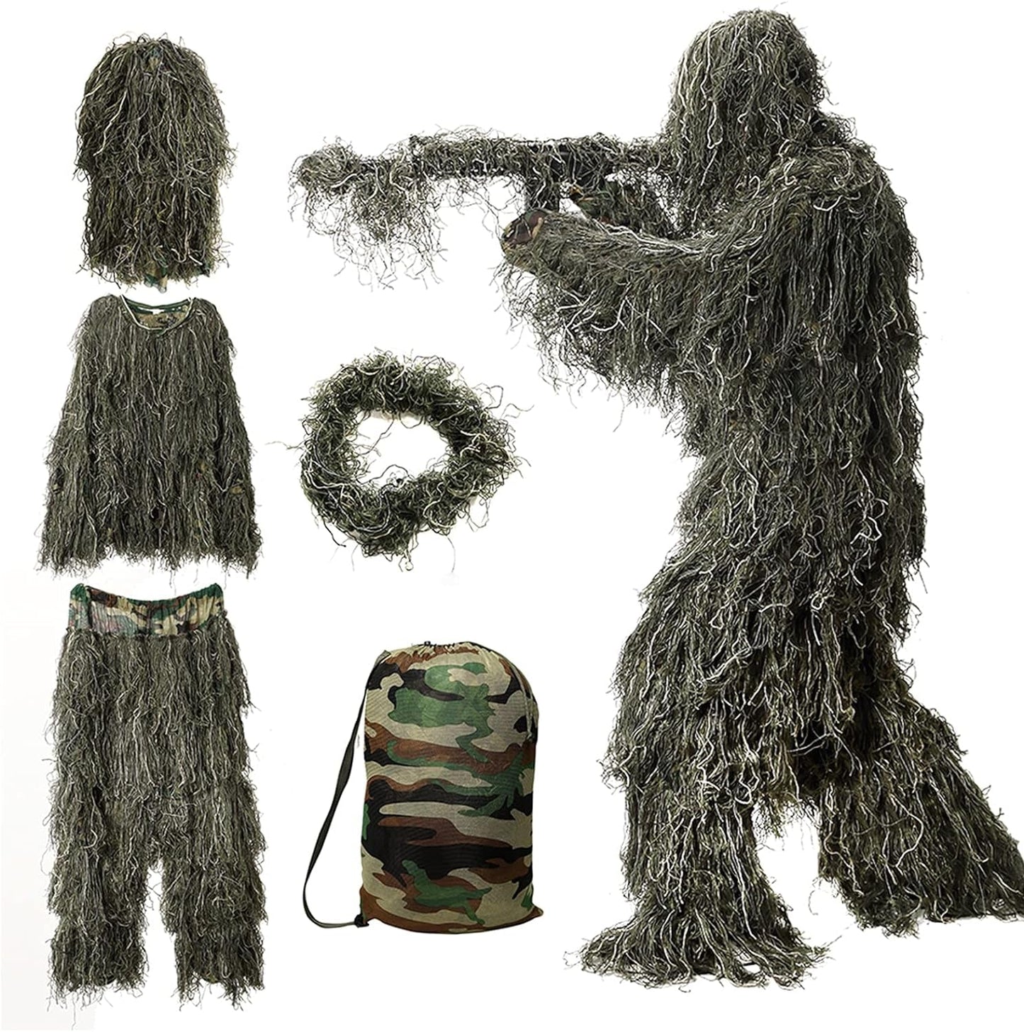 5 in 1 Ghillie Suit, 3D Camouflage Hunting Apparel W/Jacket, Pants, Hood, Carry Bag for Adults/Youth, S/M/L/XL/XXL