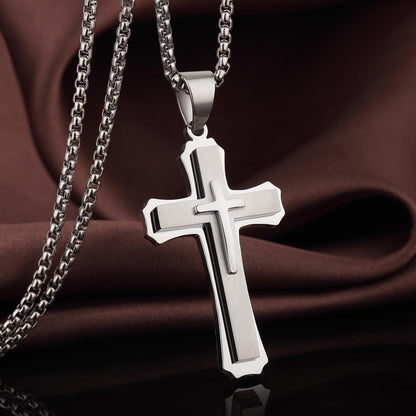 Cross Necklace for Men Surgical Steel Mens Cross Necklace 316L Stainless Steel Cross Pendant Necklace in Color Silver/Black/, Nickel Free Steel Cross Necklaces Chain 22In-26In