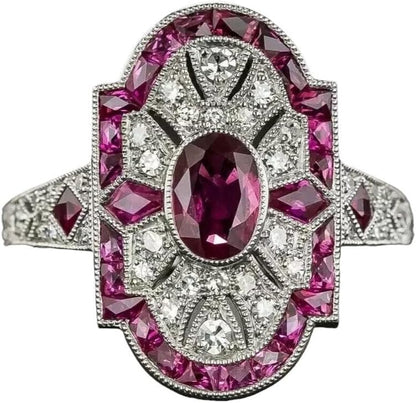 Art Deco Vintage Oval Cut Ruby & Lab Created Diamond 925 Silver Engagement Ring