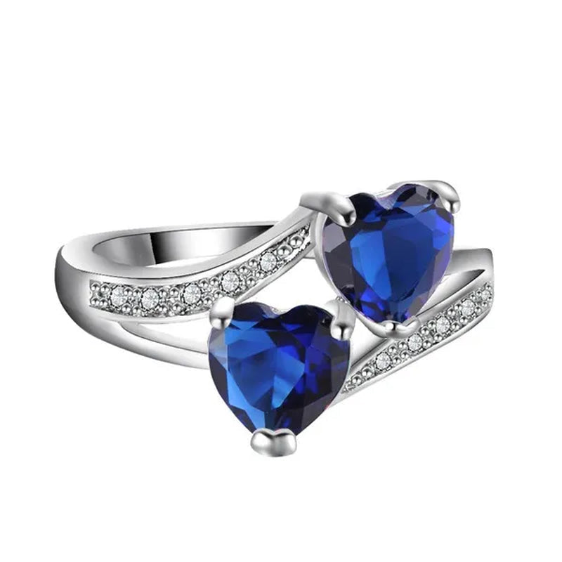 Birthstone rings...romantic double heart cut gemstone blue white opal rainbow topaz crystal ring white gold jewelry