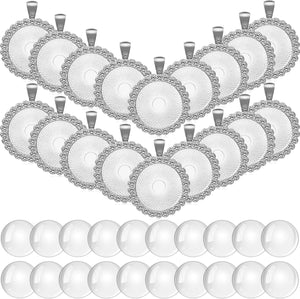 40 Pieces Rhinestone Bezel Pendant Trays Set, Include 20 Pieces round Bezel Trays Cabochon Pendant Setting with 20 Pieces Clear Glass Cabochons for Photo Pendant DIY Jewelry Craft Making