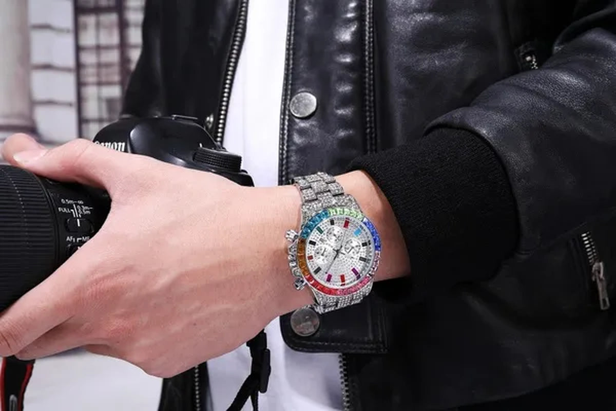 Men Watch Luxury Brand Mens Gold Men Watch Quartz Clock Chronograph Colorful Diamond Steel Iced Out Watch Reloj Hombre