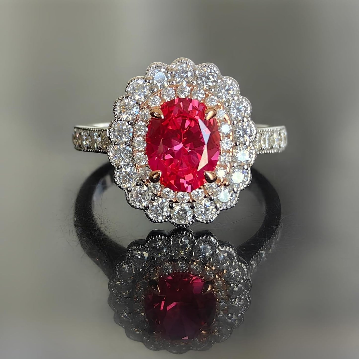 Ruby Rings Engagement Ring for Women 2Ct Oval Cut Created Ruby/Cut Moissanite, Milgrain Floral Double Halo Wedding Ring Moissanite Accents 14K Gold QUALITY Sterling Silver