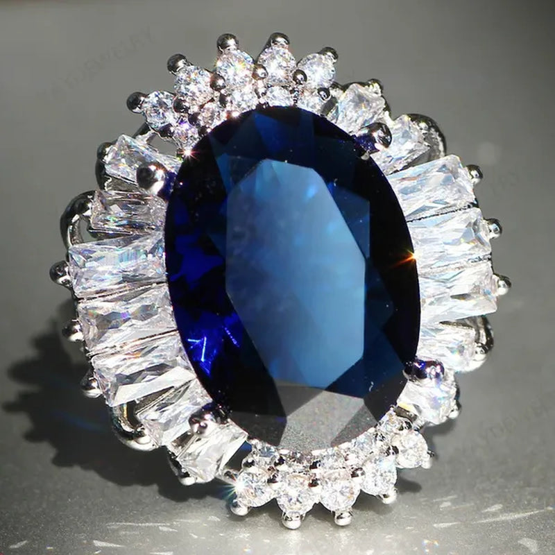 Silver Huge Oval Cut Natural Gemstones Sapphire Ring Wedding Birthstone Bride Engagement Bride Ellipse Ring Jewelry Band