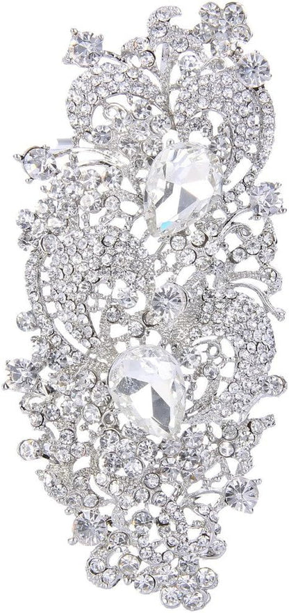 Austrian Crystal 4.1 Inch Royal Flower Pattern Wedding Brooch Clear