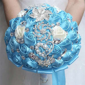 18cm Brooches Bridal Wedding Bouquet Lake Blue Ivory Sation Rose Flowers Decoration Wedding Accessories Ramos De Novia Bridesmaid Holding Bouquets