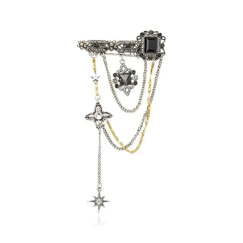 Fashion Black Six-Pointed Star Crystal Tassel Pendant Brooch Retro Pin Baroque Gemstone Decoration Simple Personality Rhinestone Zircon Square Flower Brooch Women and Men Unisex Clothing Accessories Wedding Engagement Bride Anniversary Party Jewelry Gift