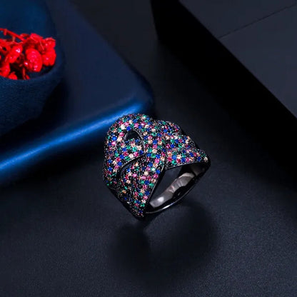 Gloriya Adjustable Women Exaggerated Full Micro Cubic Zirconia Unique Open Cuff Large Ring for Cocktail Personality Finger Jewelry