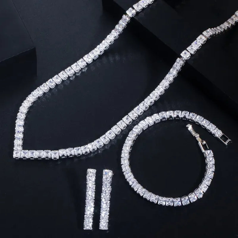 Gloriya Luxury Wedding Party Jewellery Sets Setting Shiny Cubic Zirconia Tennis Bridal Necklace Earrings and Bracelet Set