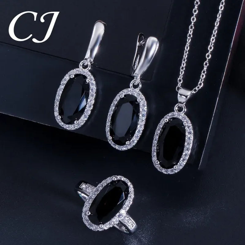 CANDICE Fashion Women Sterling Silver Plated Jewelry Sets for Girls Lovely Oval Pink CZ Stone Party Necklace Earrings Ring Set（Us 7-9)
