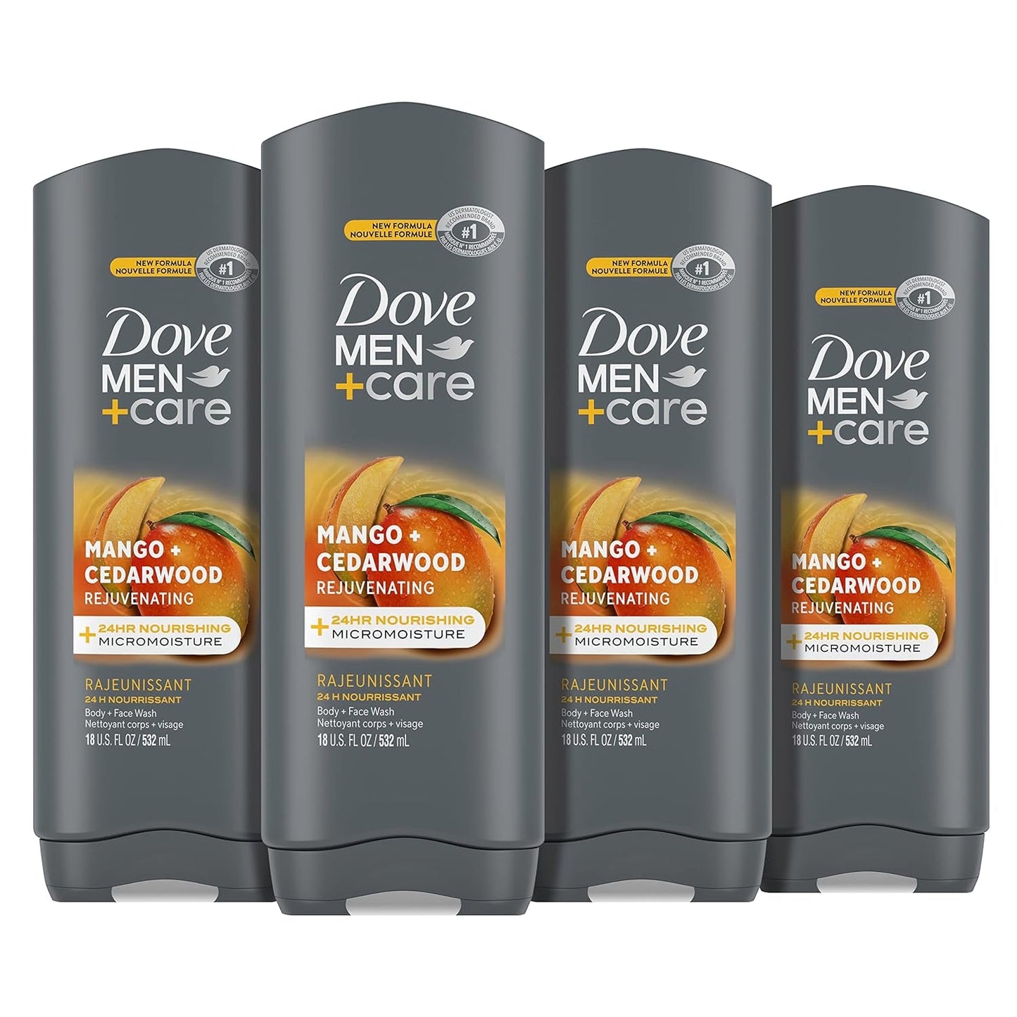 Body Wash Rejuvenating Mango + Cedarwood 4 Count for Men with 24-Hour Nourishing Micromoisture Technology 18 Oz