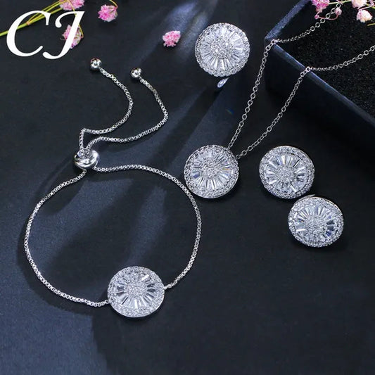 CANDICE Sparkling CZ Stone White Gold Plated 4pcs Wedding Jewelry Sets Round Pendant Necklace Earrings Bracelet Ring Prom Set For Brides