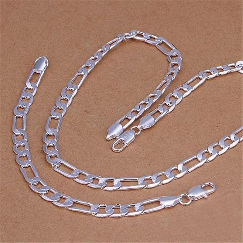 2pcs/Set(Bracelet+Necklace) Charm Men Women Figaro Curb Link Chain Bracelet Necklace Fashion 925 Sterling Silver Exquisite Jewelry Gifts