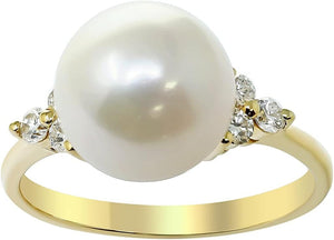 14K Yellow Gold Freshwater Pearl 10.5 Mm with Diamonds Ring, Size 7